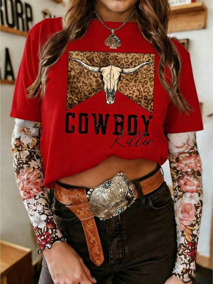 Women's Casual Round Neck Short Sleeve-Shirt With Retro Western/Cowboy Rodeo Print, BOHO Top, Spring Break-ShirtSports Short Sleeves2026 Vibrant Red
