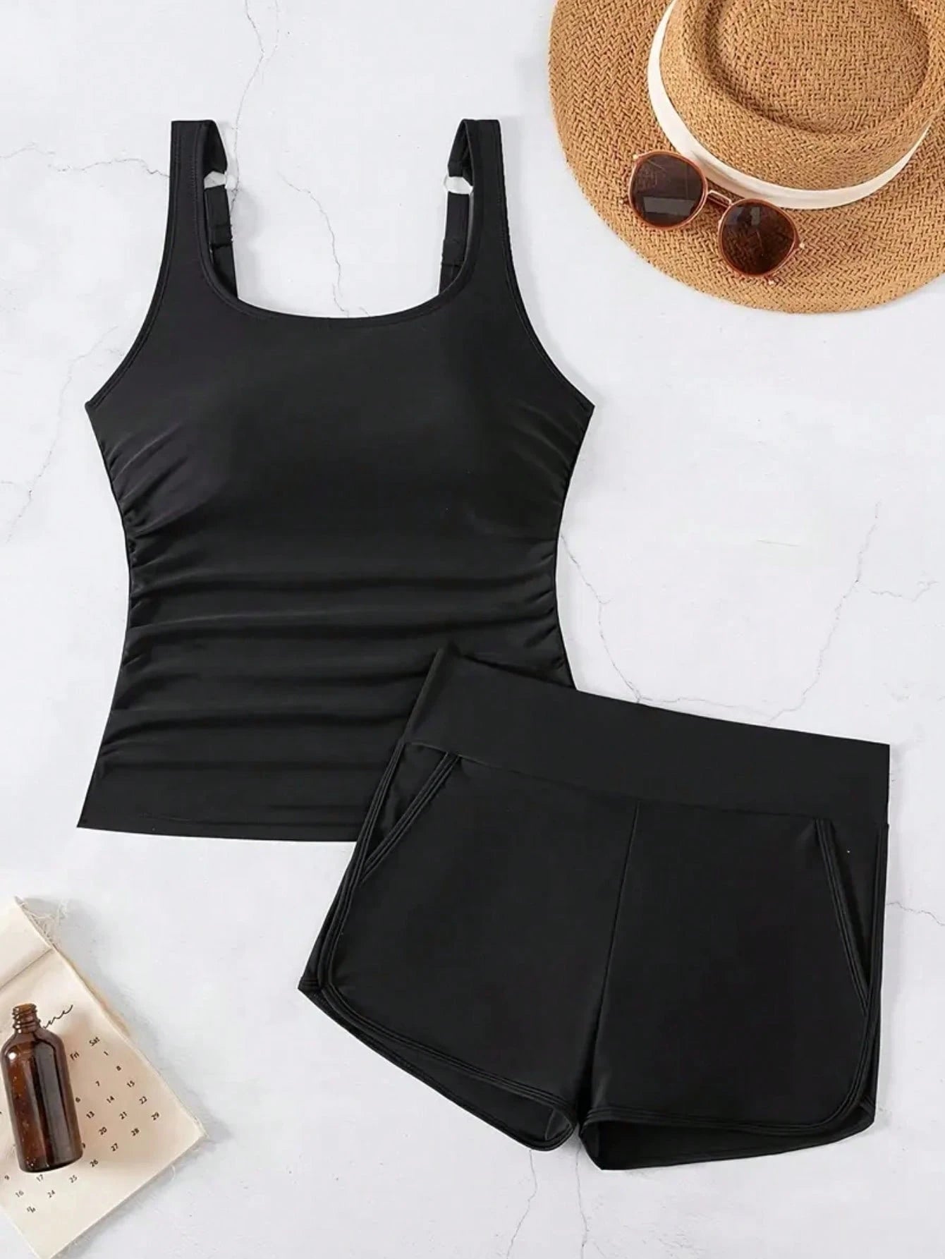 Women's Casual Solid Black Tankini Swimwear Set With Tank Top And Shorts, Medium Stretch Backless Bathing Suit With Pockets Vacation Beach Summer