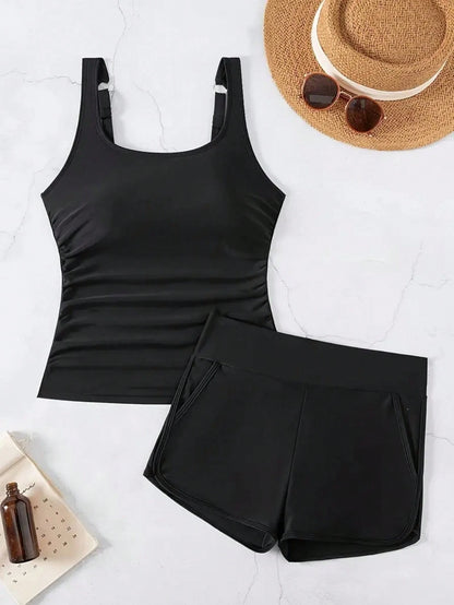 Women's Casual Solid Black Tankini Swimwear Set With Tank Top And Shorts, Medium Stretch Backless Bathing Suit With Pockets Vacation Beach Summer