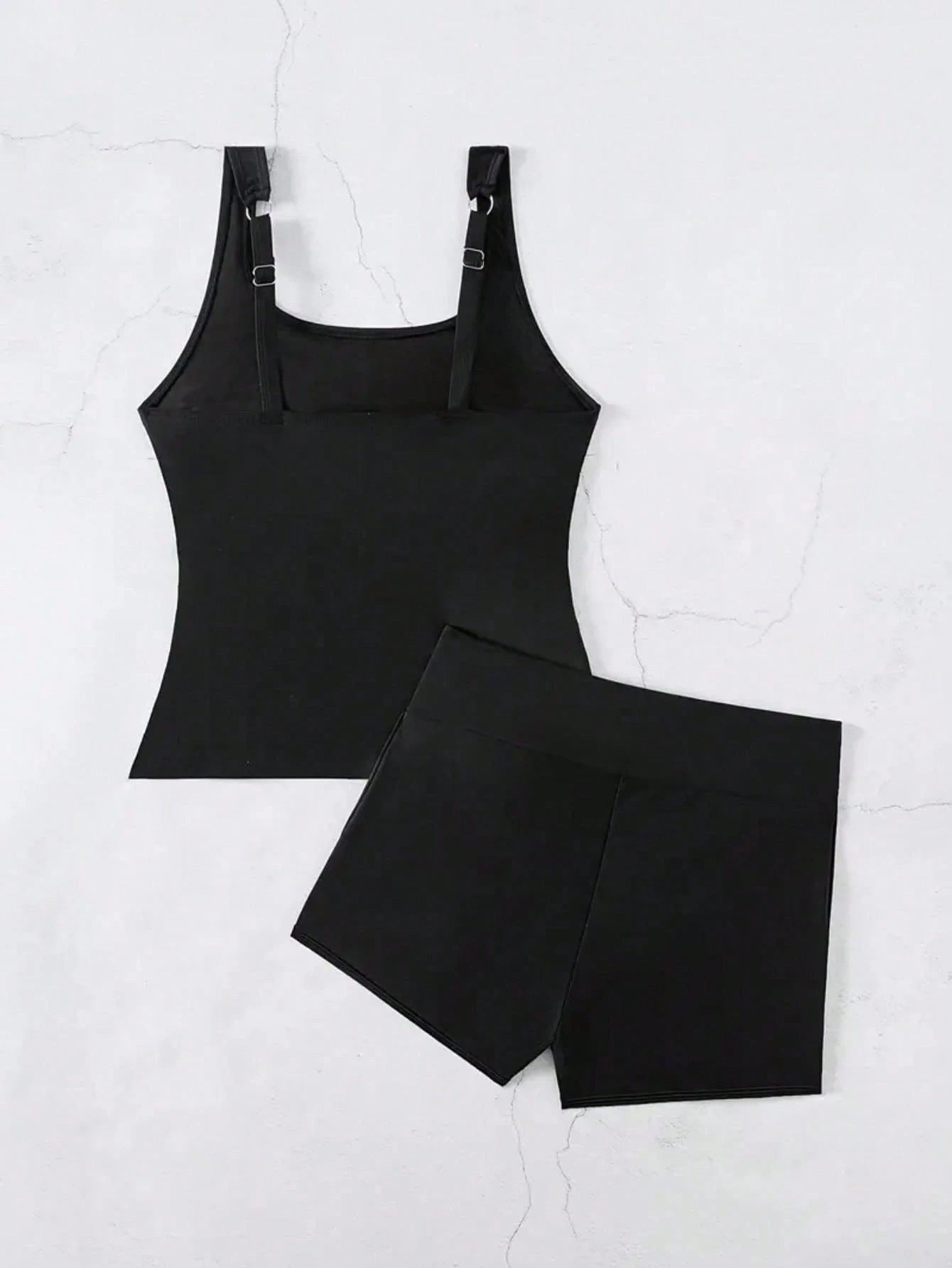 Women's Casual Solid Black Tankini Swimwear Set With Tank Top And Shorts, Medium Stretch Backless Bathing Suit With Pockets Vacation Beach Summer