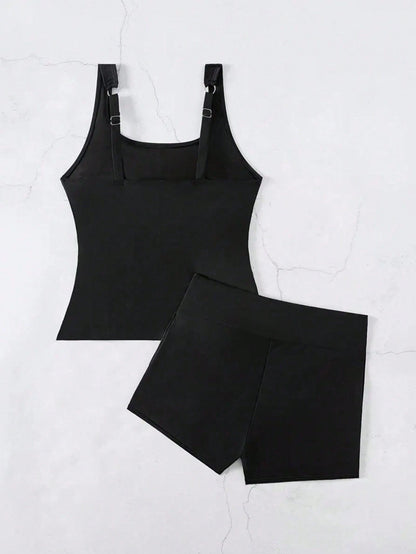Women's Casual Solid Black Tankini Swimwear Set With Tank Top And Shorts, Medium Stretch Backless Bathing Suit With Pockets Vacation Beach Summer