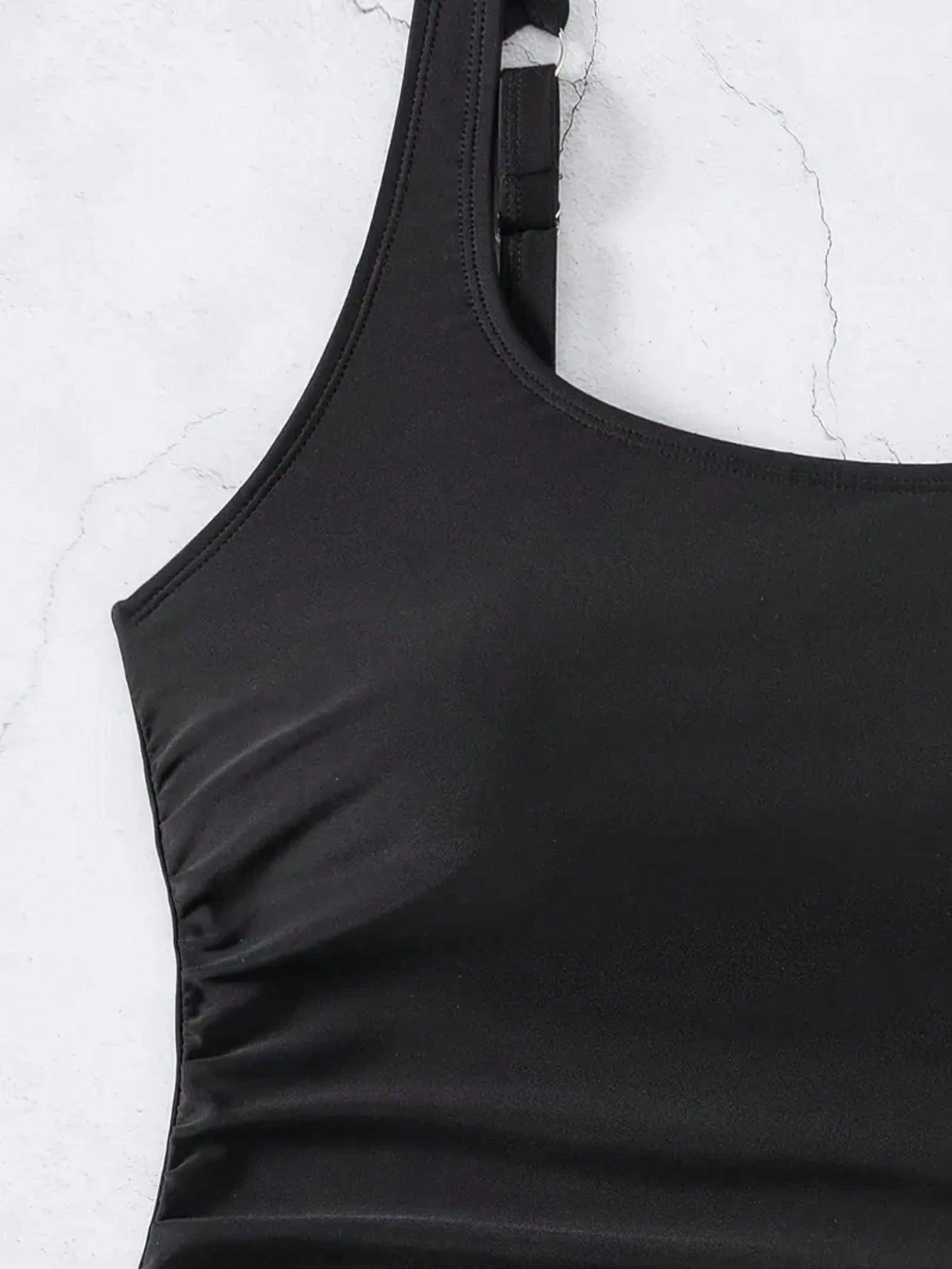 Women's Casual Solid Black Tankini Swimwear Set With Tank Top And Shorts, Medium Stretch Backless Bathing Suit With Pockets Vacation Beach Summer
