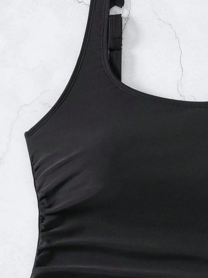 Women's Casual Solid Black Tankini Swimwear Set With Tank Top And Shorts, Medium Stretch Backless Bathing Suit With Pockets Vacation Beach Summer