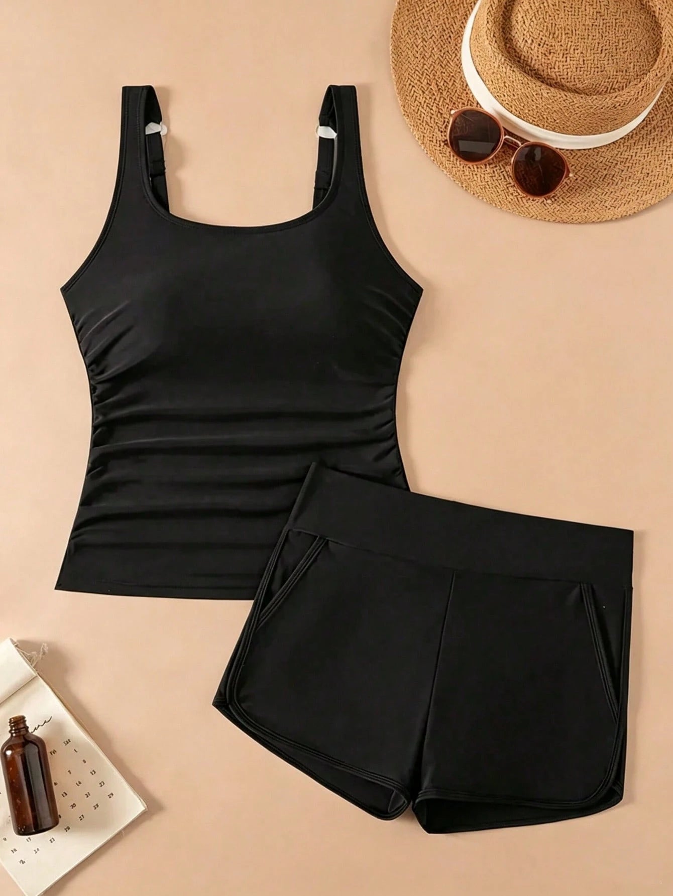 Women's Casual Solid Black Tankini Swimwear Set With Tank Top And Shorts, Medium Stretch Backless Bathing Suit With Pockets Vacation Beach Summer