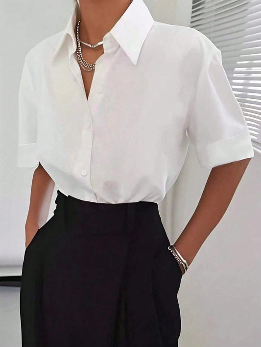 Women's Casual White Short Sleeve Shirt, Versatile For Everyday Wear, All Seasons Summer