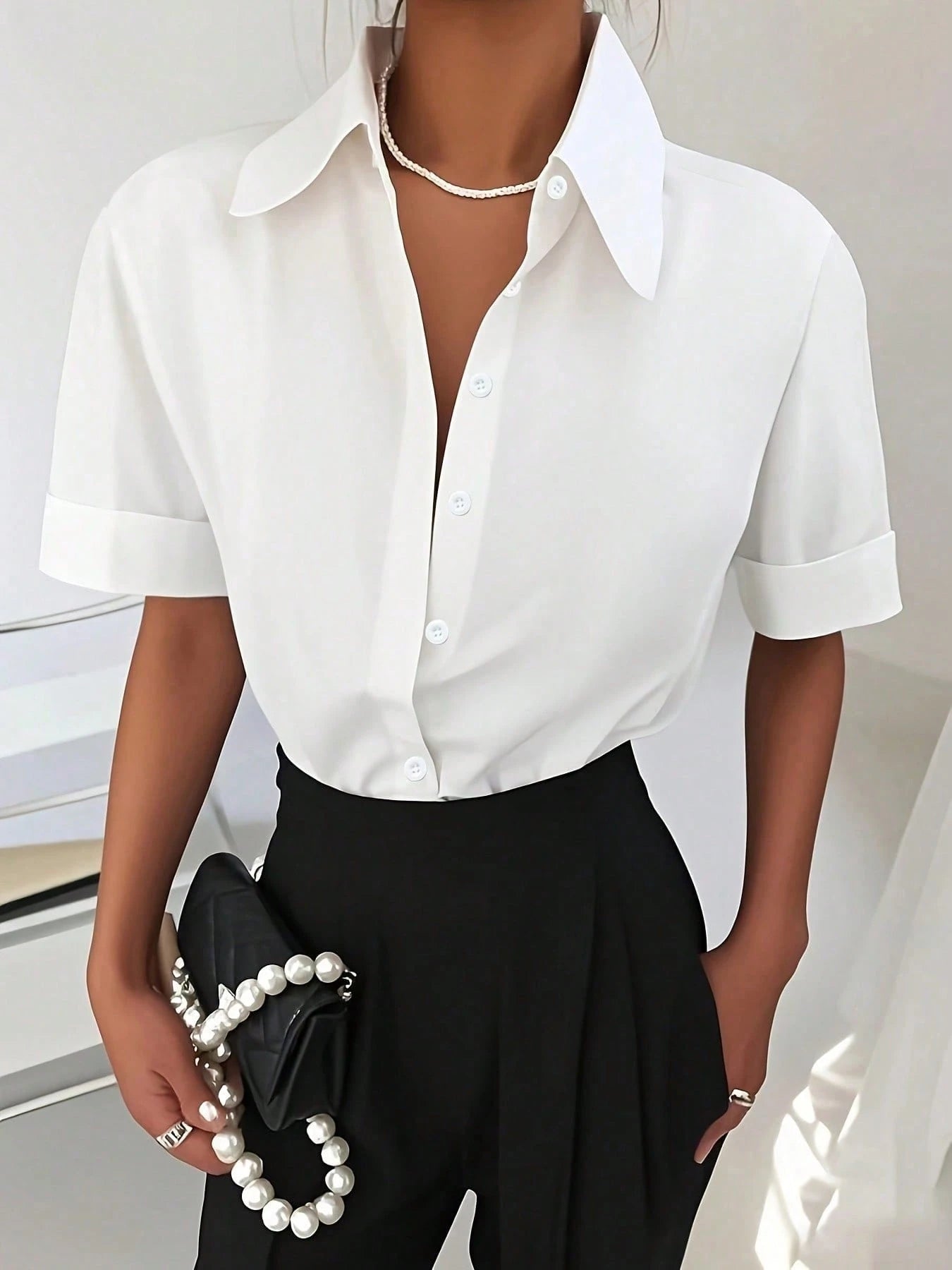 Women's Casual White Short Sleeve Shirt, Versatile For Everyday Wear, All Seasons Summer