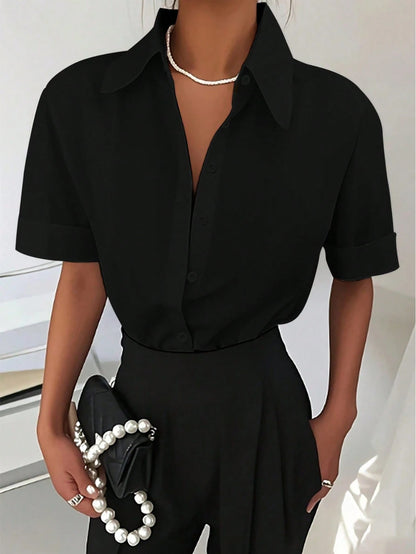 Women's Casual White Short Sleeve Shirt, Versatile For Everyday Wear, All Seasons Summer