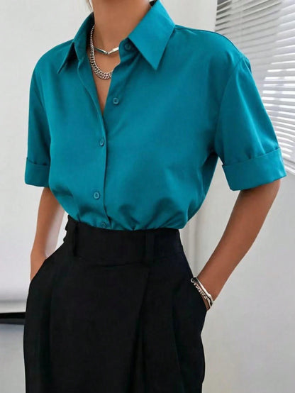 Women's Casual White Short Sleeve Shirt, Versatile For Everyday Wear, All Seasons Summer