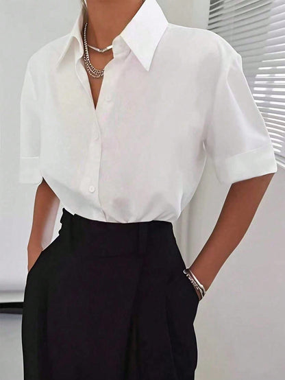 Women's Casual White Short Sleeve Shirt, Versatile For Everyday Wear, All Seasons Summer