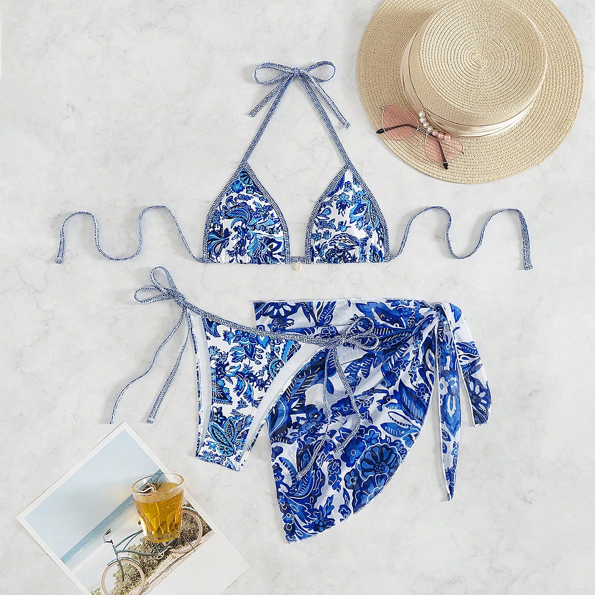 Women's Classic Blue Floral 3 Pieces Bikini Set With Triangle Cups, Tie-Up Sarong, Beach Vacation Style Summer
