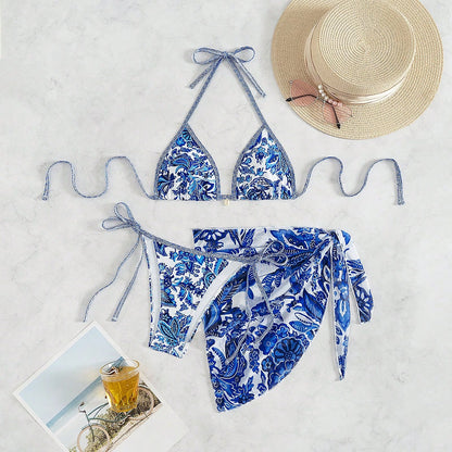 Women's Classic Blue Floral 3 Pieces Bikini Set With Triangle Cups, Tie-Up Sarong, Beach Vacation Style Summer