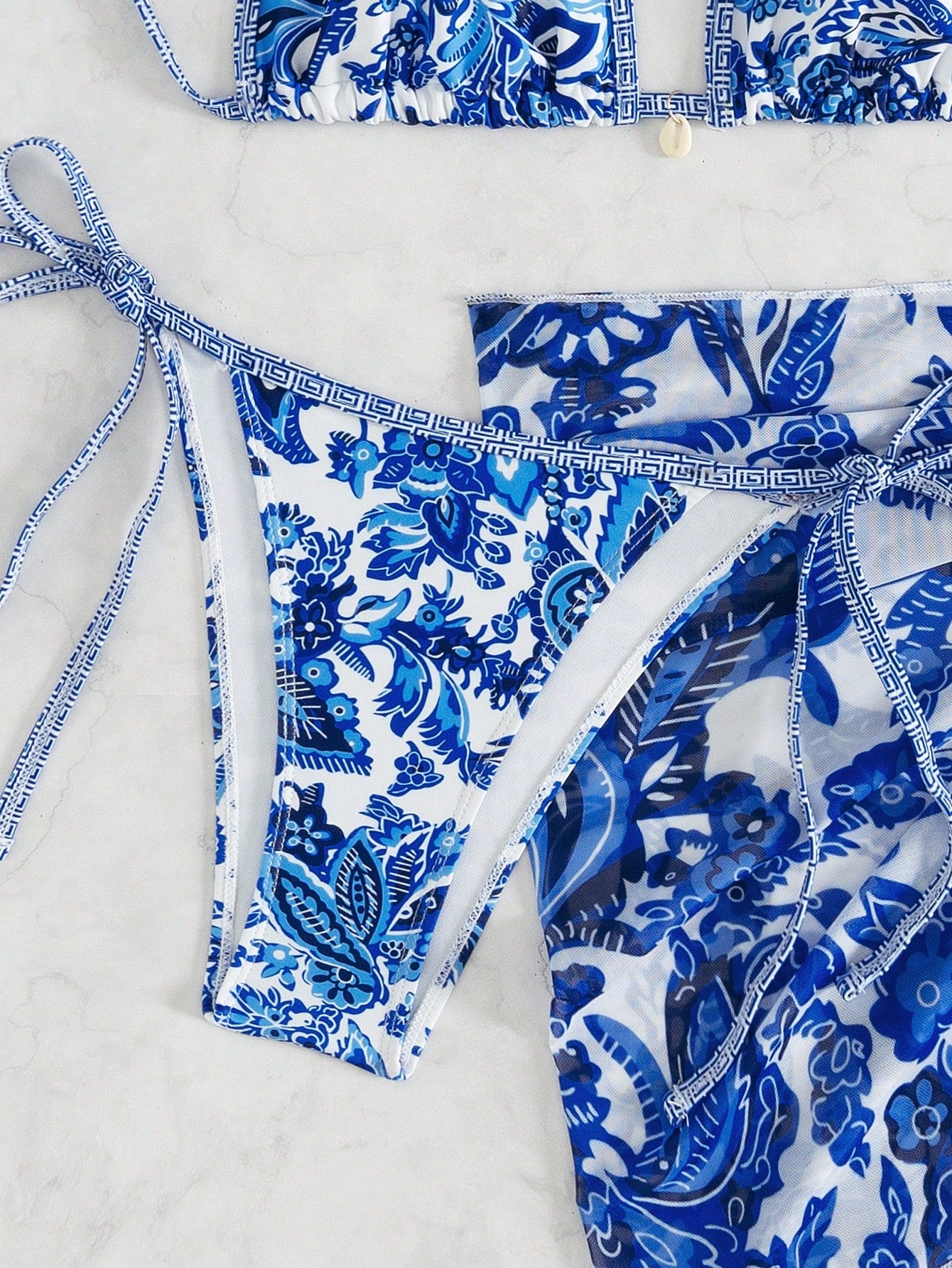 Women's Classic Blue Floral 3 Pieces Bikini Set With Triangle Cups, Tie-Up Sarong, Beach Vacation Style Summer