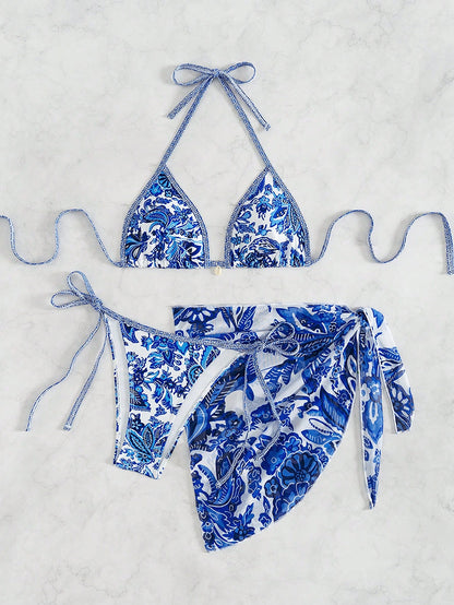 Women's Classic Blue Floral 3 Pieces Bikini Set With Triangle Cups, Tie-Up Sarong, Beach Vacation Style Summer