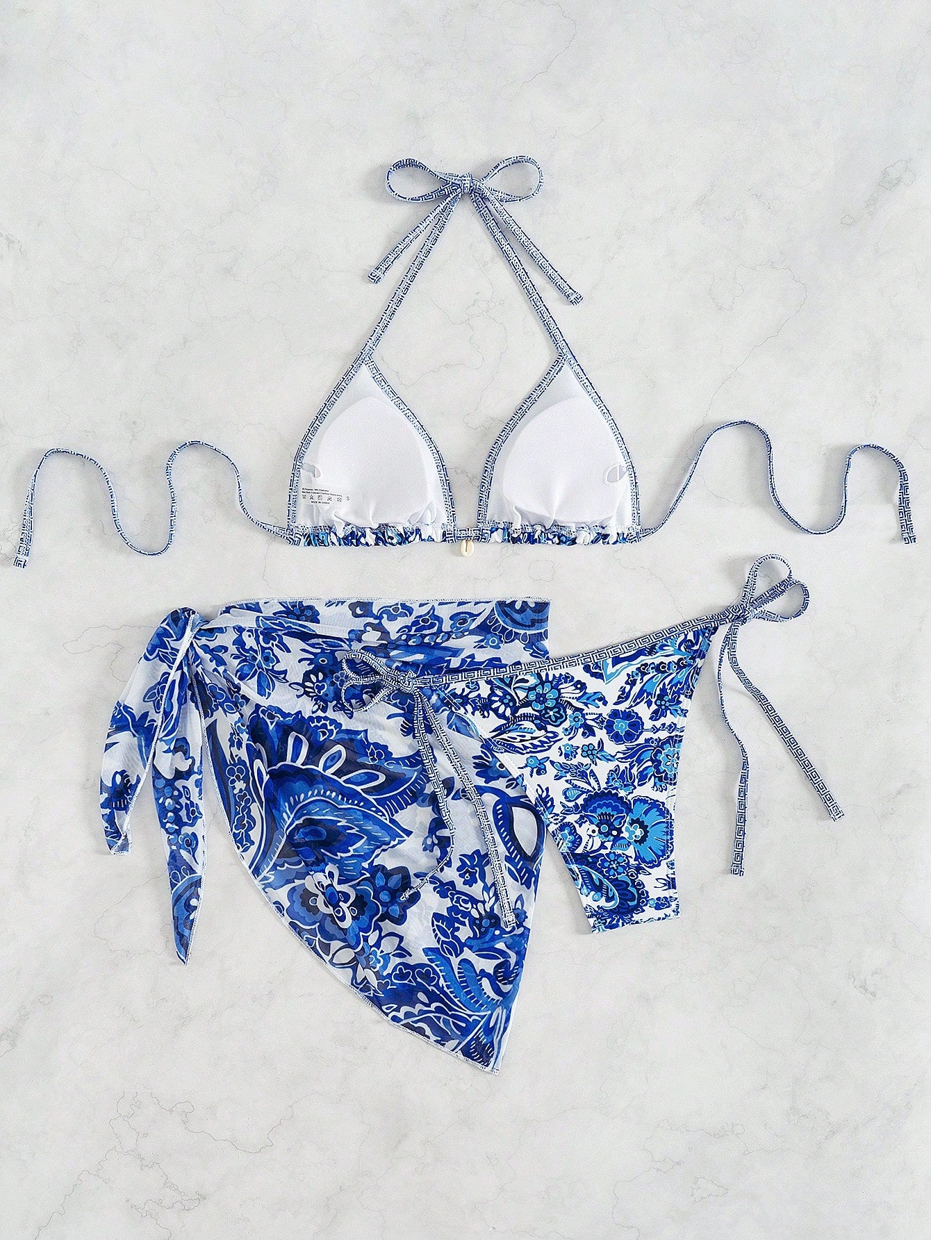 Women's Classic Blue Floral 3 Pieces Bikini Set With Triangle Cups, Tie-Up Sarong, Beach Vacation Style Summer