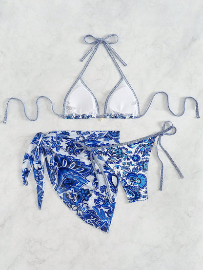 Women's Classic Blue Floral 3 Pieces Bikini Set With Triangle Cups, Tie-Up Sarong, Beach Vacation Style Summer