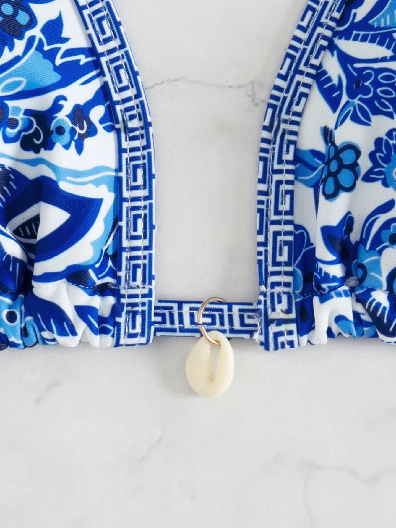 Women's Classic Blue Floral 3 Pieces Bikini Set With Triangle Cups, Tie-Up Sarong, Beach Vacation Style Summer