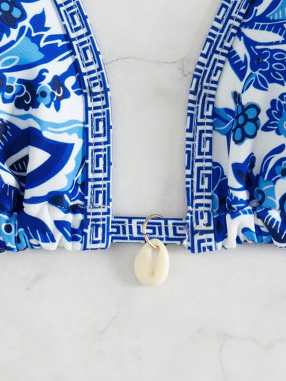 Women's Classic Blue Floral 3 Pieces Bikini Set With Triangle Cups, Tie-Up Sarong, Beach Vacation Style Summer