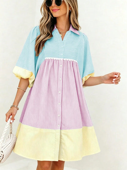 Women's Colorblock Striped Ruffle Hem Shirt Dress, Front Button Closure Lantern Short Sleeve, Elegant And Sweet Summer