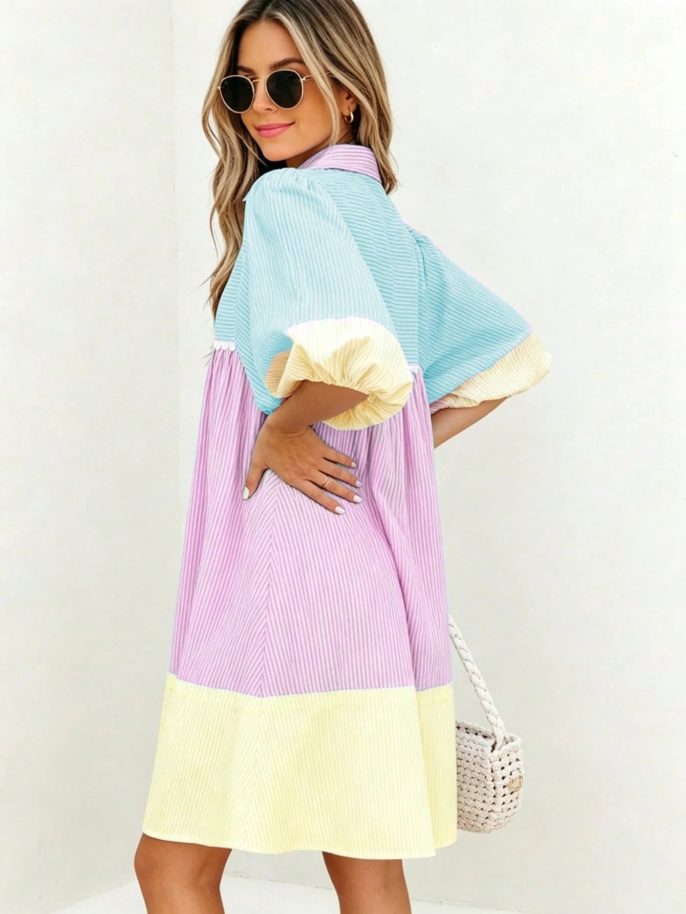 Women's Colorblock Striped Ruffle Hem Shirt Dress, Front Button Closure Lantern Short Sleeve, Elegant And Sweet Summer