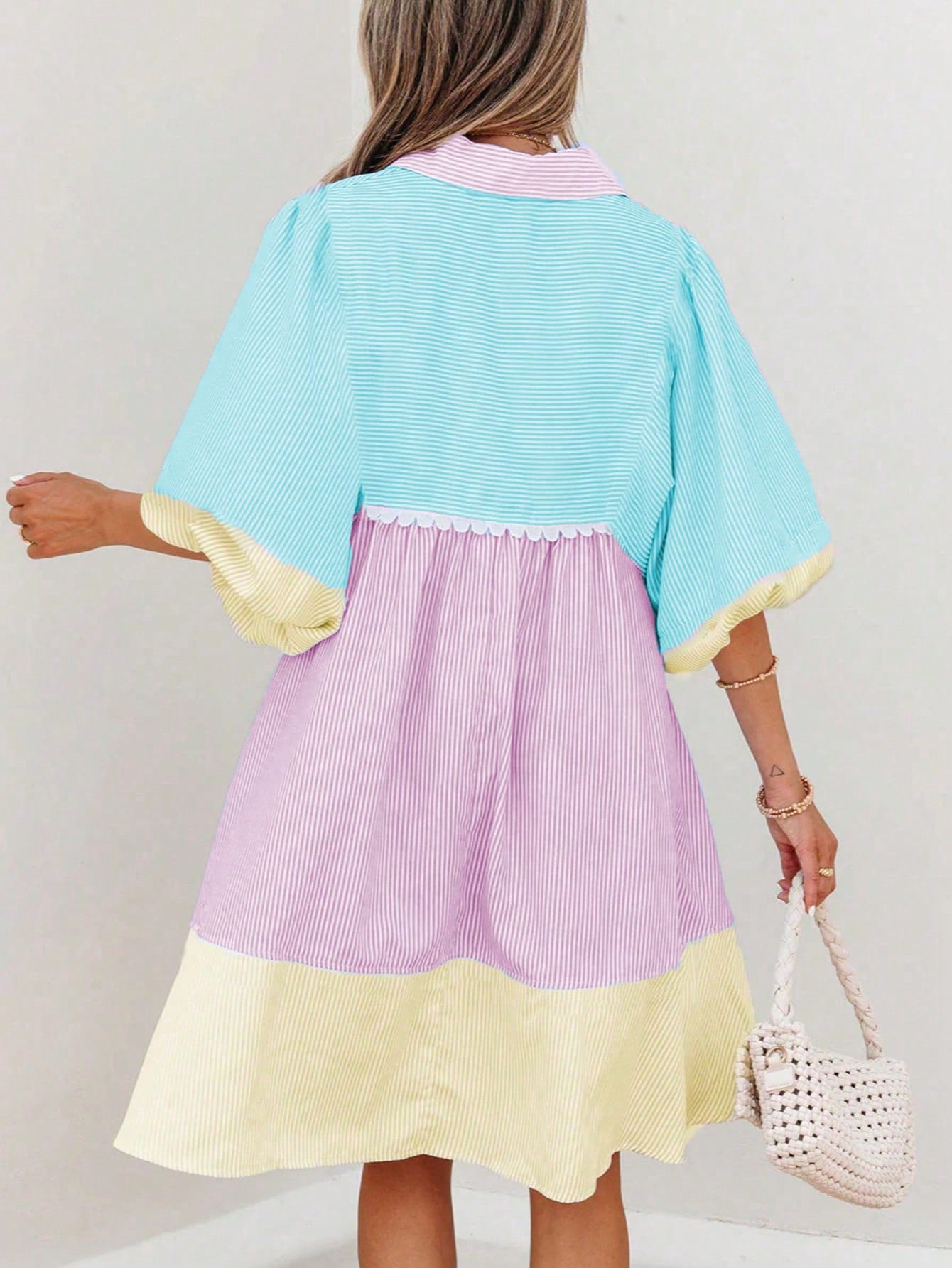 Women's Colorblock Striped Ruffle Hem Shirt Dress, Front Button Closure Lantern Short Sleeve, Elegant And Sweet Summer