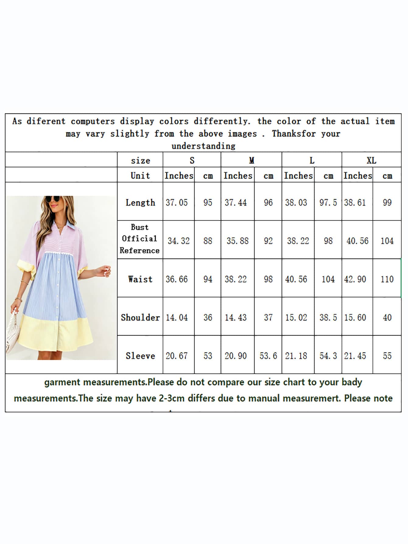 Women's Colorblock Striped Ruffle Hem Shirt Dress, Front Button Closure Lantern Short Sleeve, Elegant And Sweet Summer