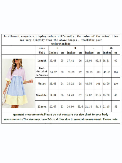 Women's Colorblock Striped Ruffle Hem Shirt Dress, Front Button Closure Lantern Short Sleeve, Elegant And Sweet Summer