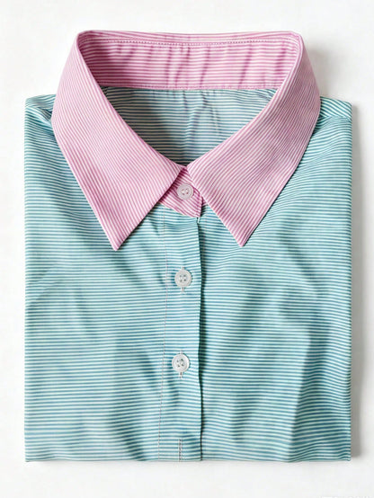Women's Colorblock Striped Ruffle Hem Shirt Dress, Front Button Closure Lantern Short Sleeve, Elegant And Sweet Summer