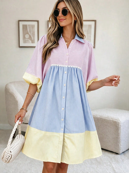 Women's Colorblock Striped Ruffle Hem Shirt Dress, Front Button Closure Lantern Short Sleeve, Elegant And Sweet Summer