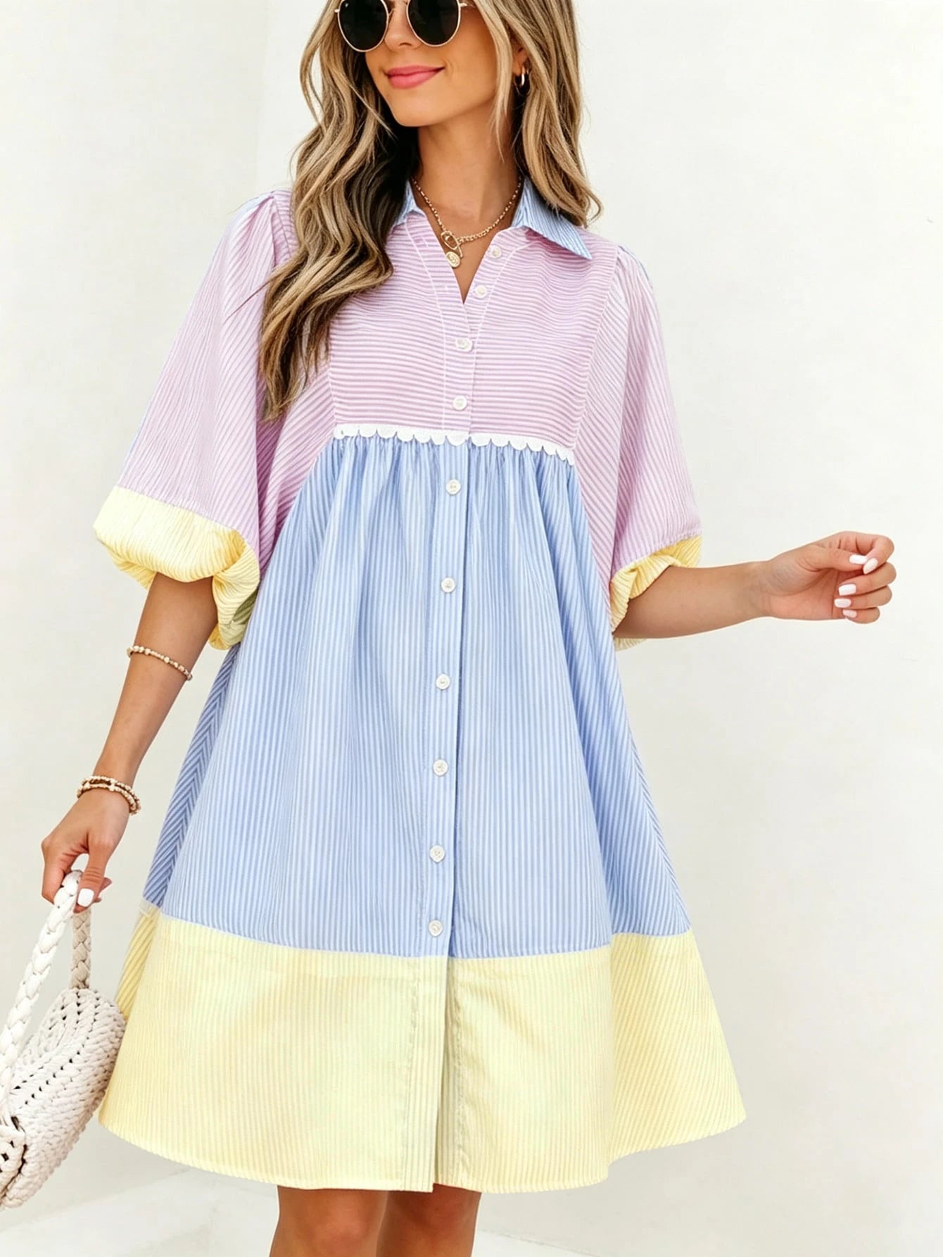 Women's Colorblock Striped Ruffle Hem Shirt Dress, Front Button Closure Lantern Short Sleeve, Elegant And Sweet Summer