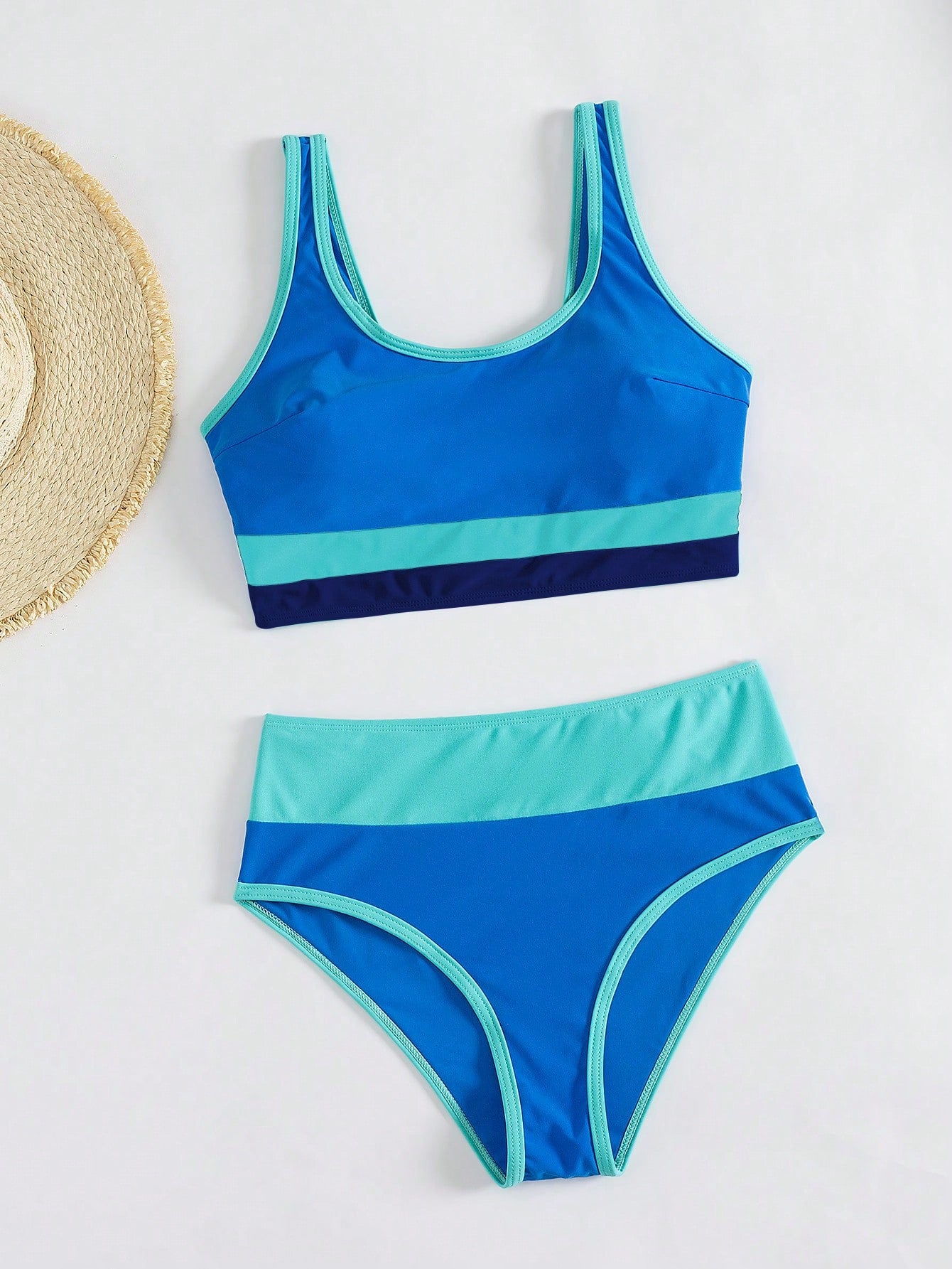 Women's Colorblock Trim High Waist Two Pieces Swimwear, Round Neck Backless Bikini, Casual Two Pieces Swimwear Vacation
