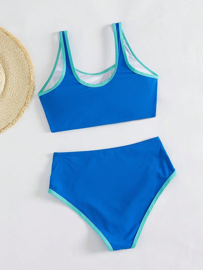 Women's Colorblock Trim High Waist Two Pieces Swimwear, Round Neck Backless Bikini, Casual Two Pieces Swimwear Vacation