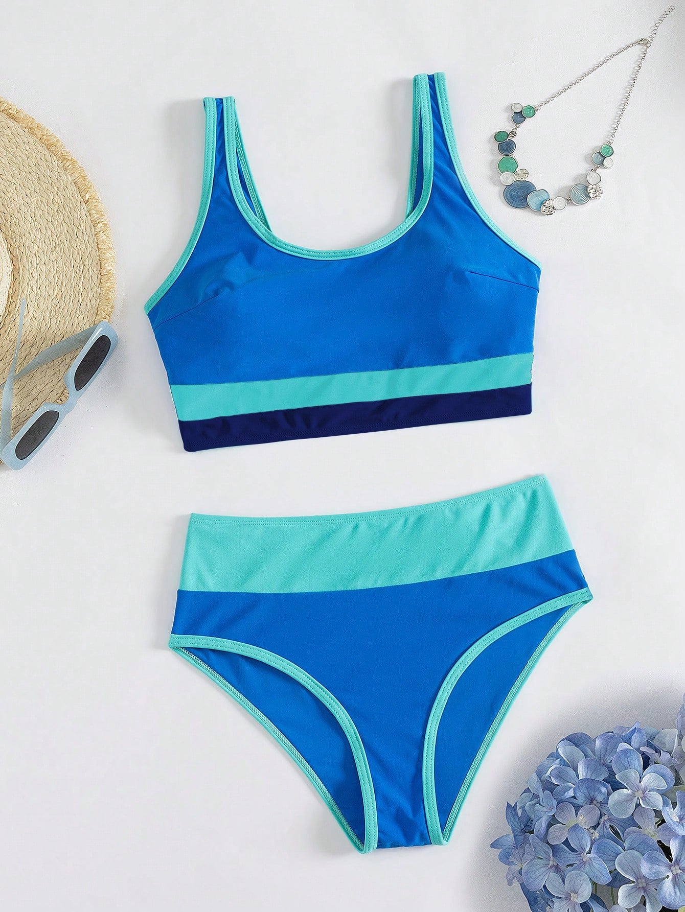 Women's Colorblock Trim High Waist Two Pieces Swimwear, Round Neck Backless Bikini, Casual Two Pieces Swimwear Vacation