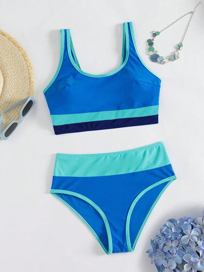 Women's Colorblock Trim High Waist Two Pieces Swimwear, Round Neck Backless Bikini, Casual Two Pieces Swimwear Vacation
