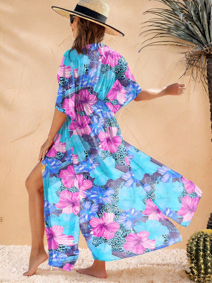 Women's Colorful Floral Print Beach Cover-Up With Tie Waist Vacation Summer