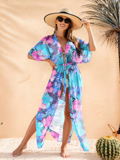Women's Colorful Floral Print Beach Cover-Up With Tie Waist Vacation Summer