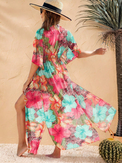 Women's Colorful Floral Print Beach Cover-Up With Tie Waist Vacation Summer