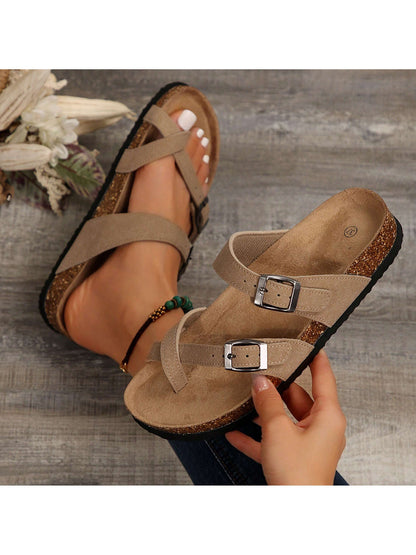 Women's Cork Footbed Sandal With Adjustable Buckle,Comfortable Summer Beach Sandals