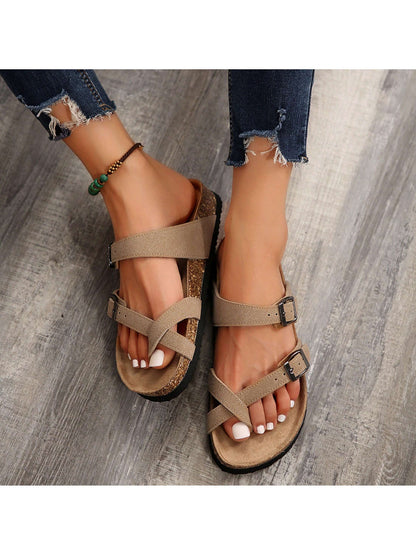 Women's Cork Footbed Sandal With Adjustable Buckle,Comfortable Summer Beach Sandals