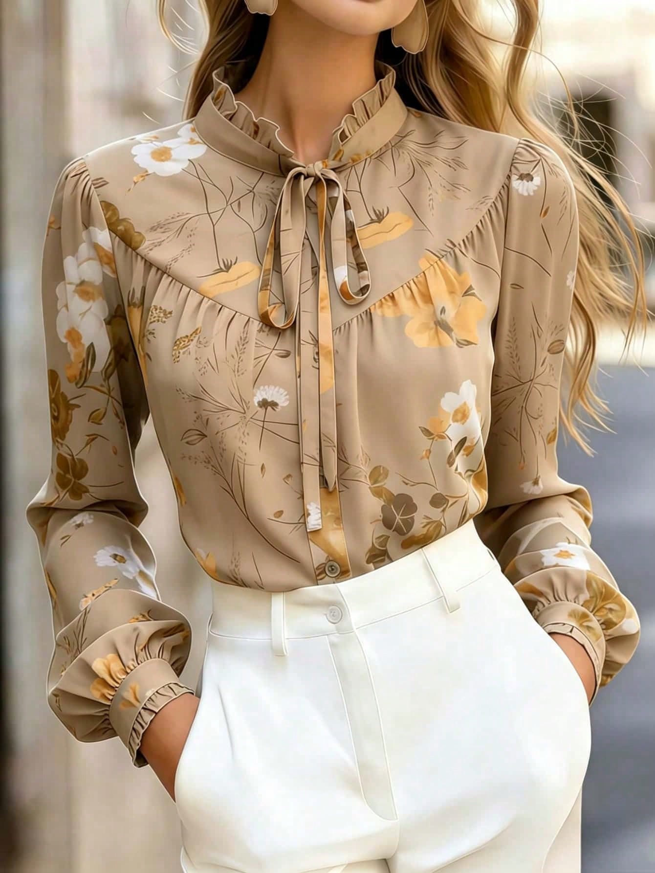Women's Elegant Floral Print Long Sleeve Blouse With Tie Collar, Ruffle Trim, Fashion Woven Fabric, Button Closure Vacation