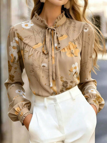 Women's Elegant Floral Print Long Sleeve Blouse With Tie Collar, Ruffle Trim, Fashion Woven Fabric, Button Closure Vacation