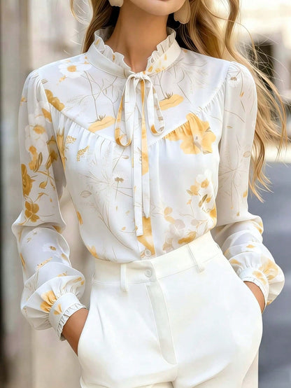 Women's Elegant Floral Print Long Sleeve Blouse With Tie Collar, Ruffle Trim, Fashion Woven Fabric, Button Closure Vacation
