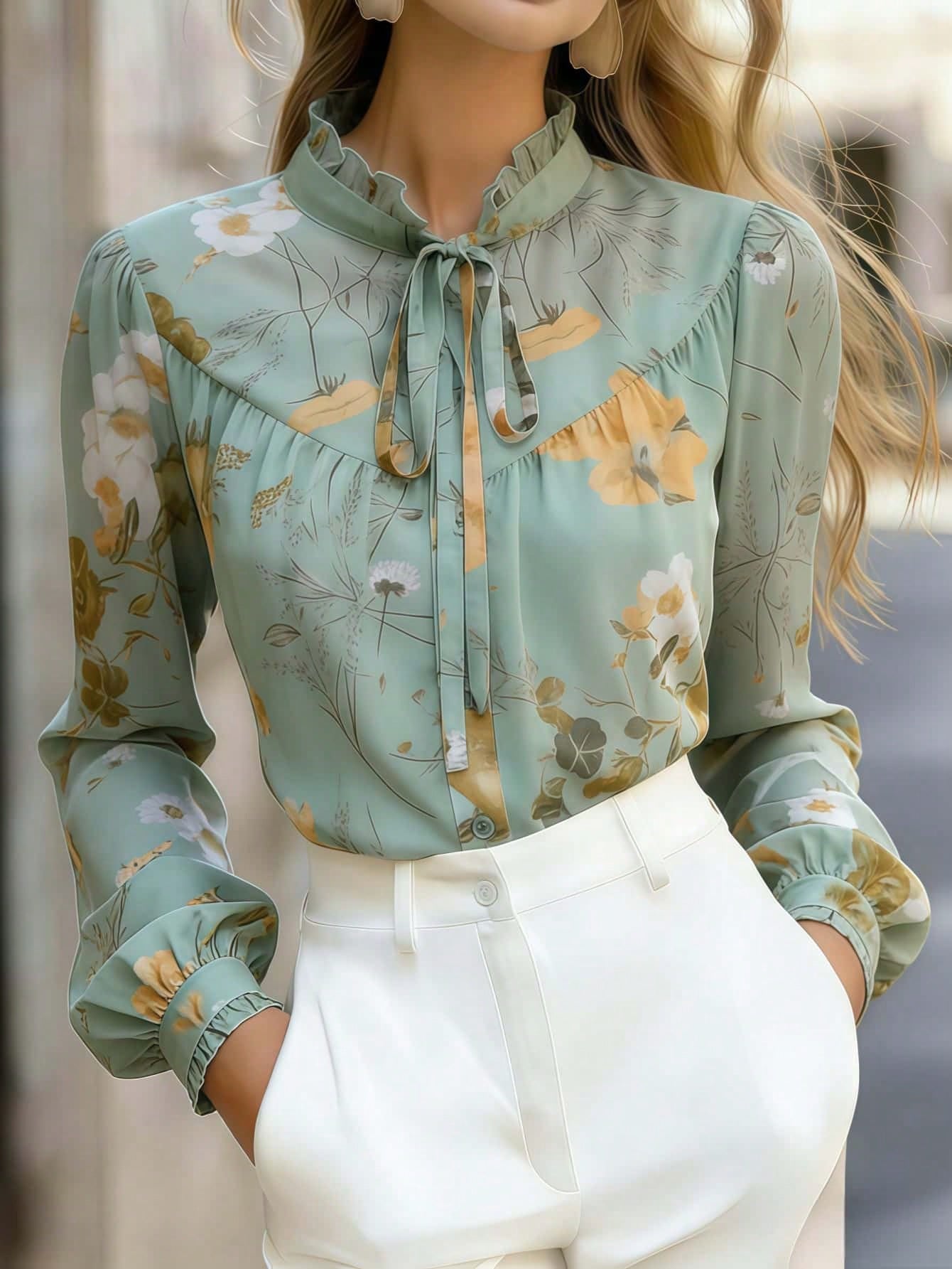Women's Elegant Floral Print Long Sleeve Blouse With Tie Collar, Ruffle Trim, Fashion Woven Fabric, Button Closure Vacation