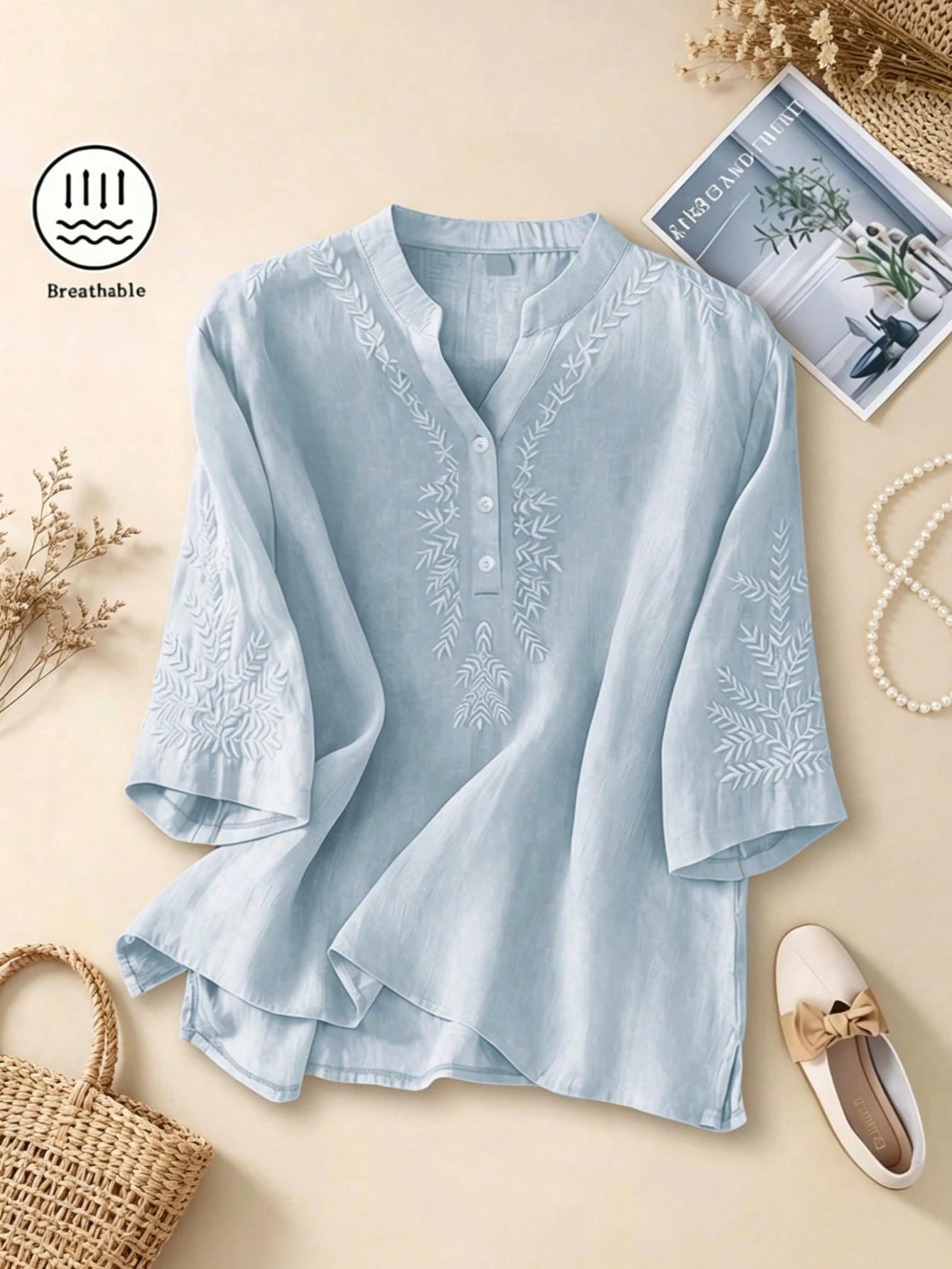 Women's Elegant Vintage Casual Artistic Embroidered Blouse, Solid Color Non-Positioned Embroidery Loose Casual Linen Boho Top Summer