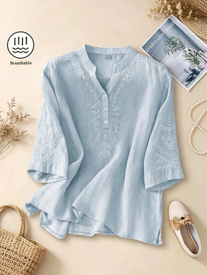 Women's Elegant Vintage Casual Artistic Embroidered Blouse, Solid Color Non-Positioned Embroidery Loose Casual Linen Boho Top Summer