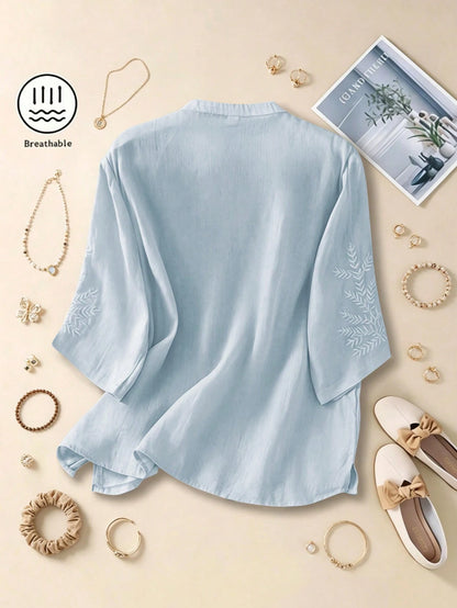 Women's Elegant Vintage Casual Artistic Embroidered Blouse, Solid Color Non-Positioned Embroidery Loose Casual Linen Boho Top Summer