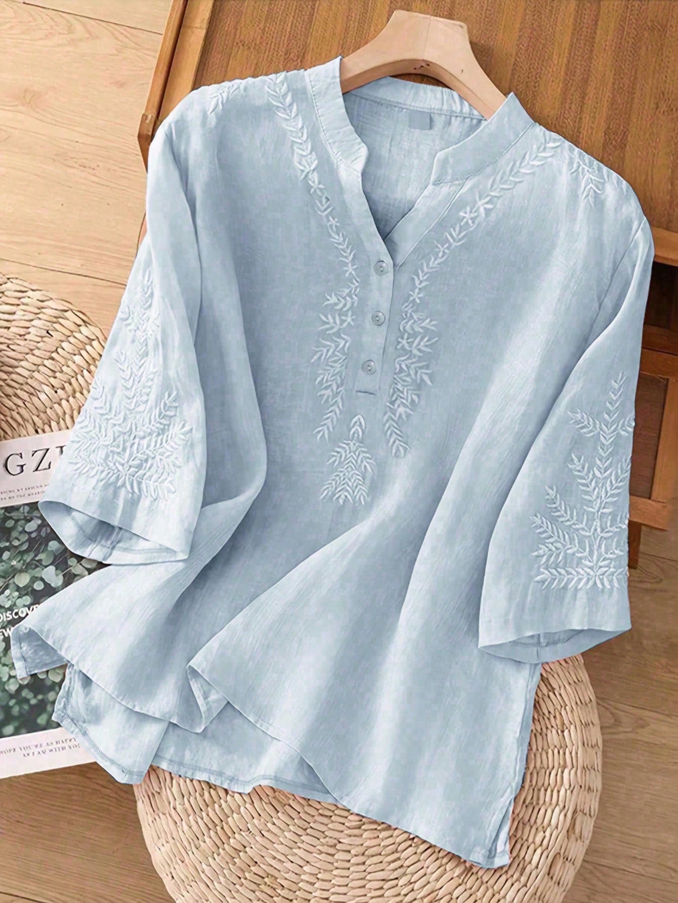 Women's Elegant Vintage Casual Artistic Embroidered Blouse, Solid Color Non-Positioned Embroidery Loose Casual Linen Boho Top Summer