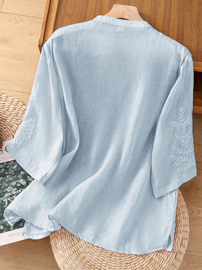 Women's Elegant Vintage Casual Artistic Embroidered Blouse, Solid Color Non-Positioned Embroidery Loose Casual Linen Boho Top Summer