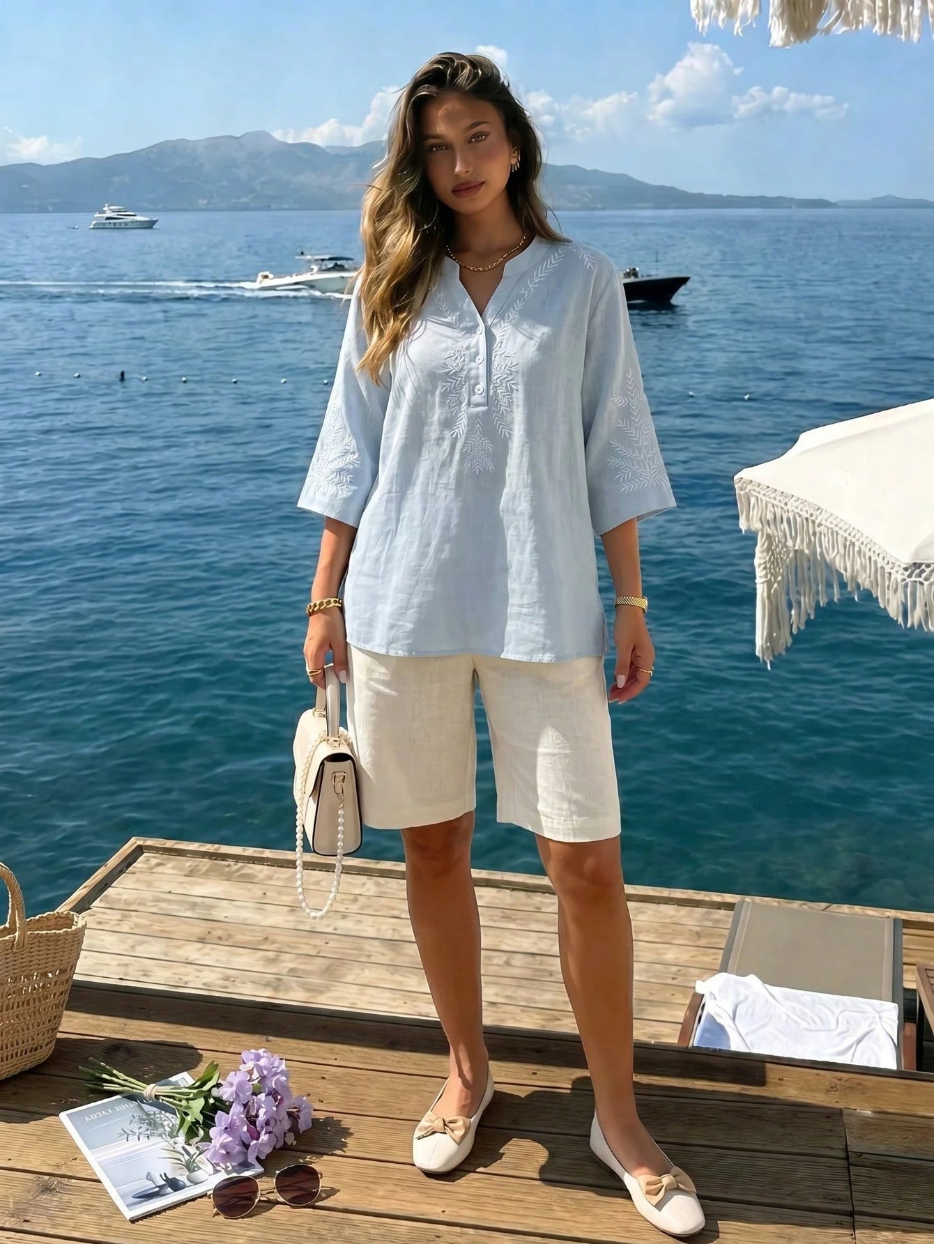 Women's Elegant Vintage Casual Artistic Embroidered Blouse, Solid Color Non-Positioned Embroidery Loose Casual Linen Boho Top Summer