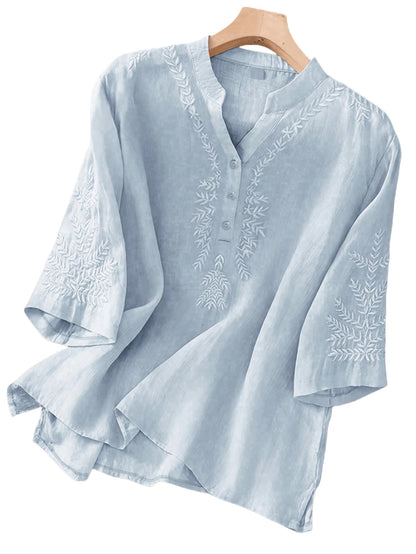 Women's Elegant Vintage Casual Artistic Embroidered Blouse, Solid Color Non-Positioned Embroidery Loose Casual Linen Boho Top Summer