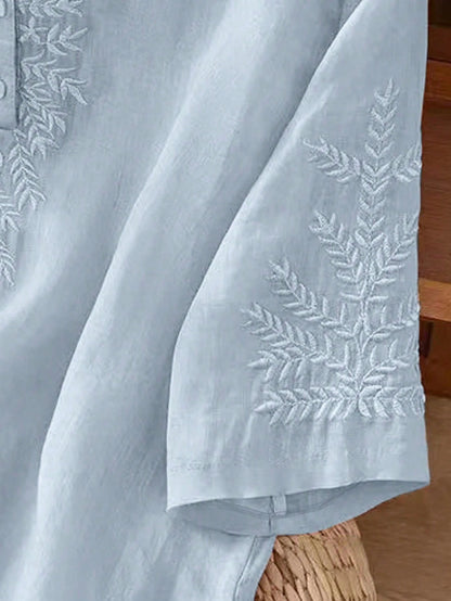 Women's Elegant Vintage Casual Artistic Embroidered Blouse, Solid Color Non-Positioned Embroidery Loose Casual Linen Boho Top Summer